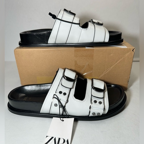 Zara Buckled Flat Slider Sandal White casual classic comfy summer style vacation - Picture 2 of 7